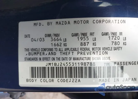 2003 Mazda Protege5 z USA, uszkodzony, nr VIN JM1BJ245531198788